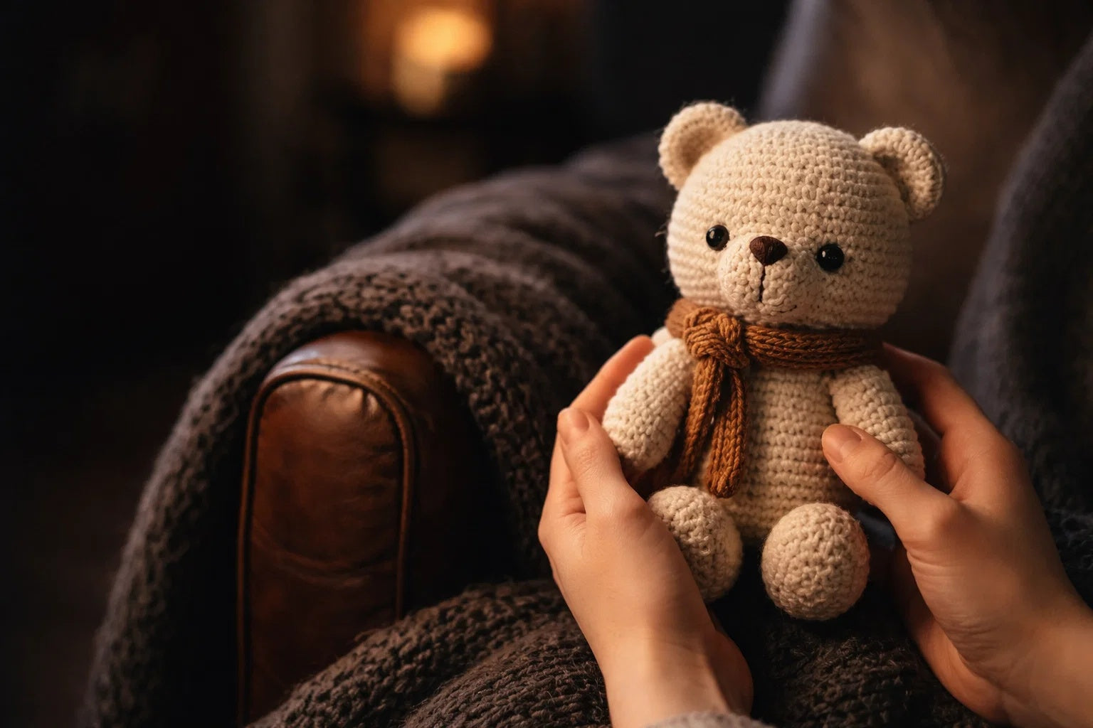 Beginner crochet patterns with amigurumi bear dinosaur and whale toys, baby blanket, yarn and hooks on dark wood table