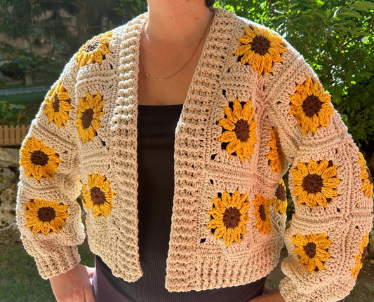 Handmade Crochet Sunflower Cardigan - Boho Floral Sweater, Eco-Friendly Cotton, Cozy Spring Festival Fashion
